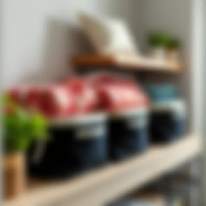 Functional and Stylish Storage Solutions Functional blanket storage bags showcased on a stylish shelf.