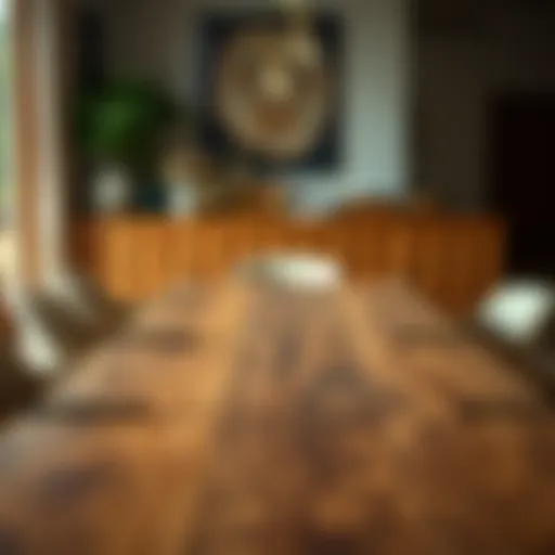 A luxurious wooden dining table showcasing rich grain patterns