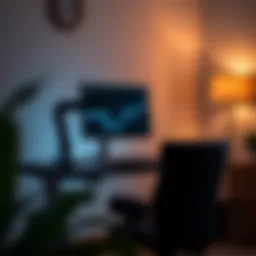 An ergonomic standing desk setup featuring a sleek monitor and keyboard arrangement.