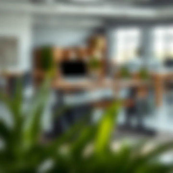 A vibrant office environment showcasing various standing desk designs and styles.