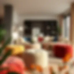 A cozy living room featuring an array of stylish poufs in various colors and textures