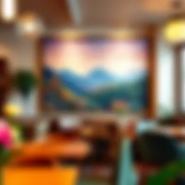 Colorful landscape painting in a cozy cafe
