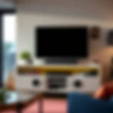 A well-organized 75-inch TV stand showcasing storage solutions and tech integration