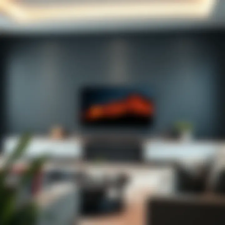 Stylish 75-inch TV stand with integrated soundbar shelf in a contemporary living room