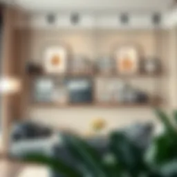 Contemporary shelf showcasing picture frames in a stylish living room setting