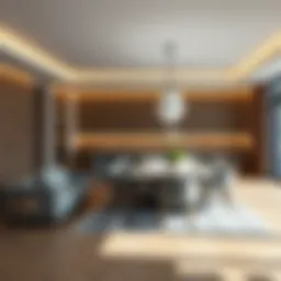 Elegant open-concept kitchen with modern furniture and ample lighting