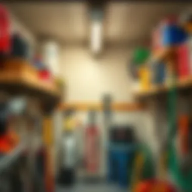 DIY hanging storage shelves installed in a garage with tools and equipment arranged neatly.