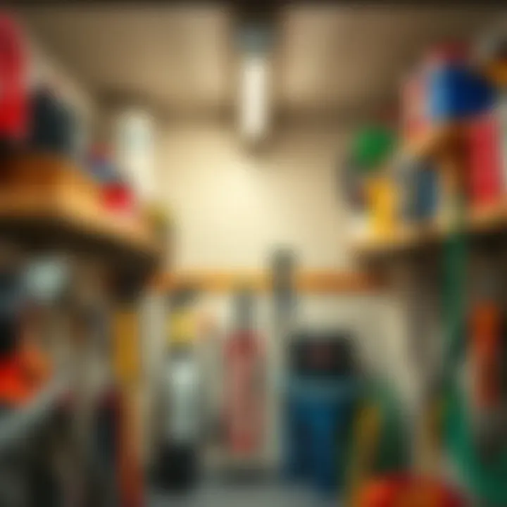 DIY hanging storage shelves installed in a garage with tools and equipment arranged neatly.