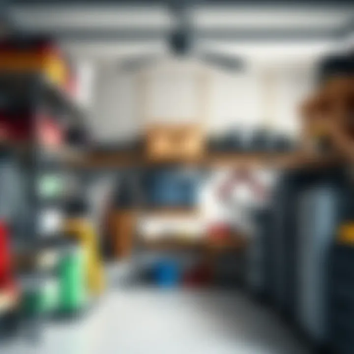 A well-organized garage featuring multiple types of hanging storage shelves.