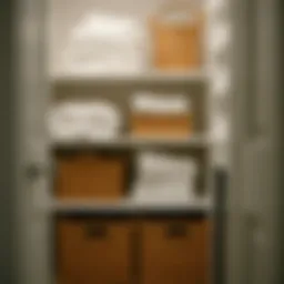 Organized towel closet with neatly folded towels and decorative baskets