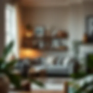 Cozy living room featuring a corner shelf with art pieces