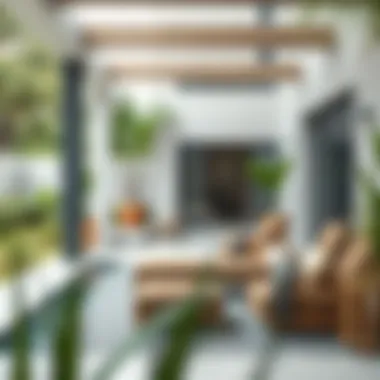 Contemporary outdoor space featuring a brown chaise lounge