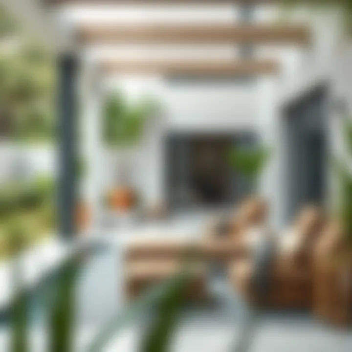 Contemporary outdoor space featuring a brown chaise lounge