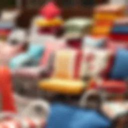 A variety of colorful patio chair cushions displayed outdoors