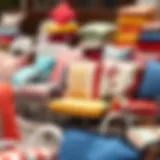 Diverse Selection of Patio Chair Cushions A variety of colorful patio chair cushions displayed outdoors