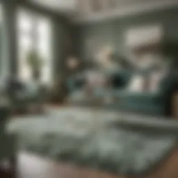 Luxurious sage green fluffy rug in an elegant living room setting