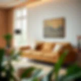 Stylish tan sofa in a modern living room setting