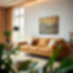 Stylish tan sofa in a modern living room setting