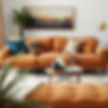 Tan sofa paired with accent pillows and a coffee table