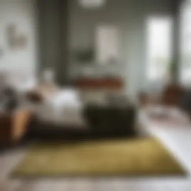 Olive rug complementing a minimalist bedroom