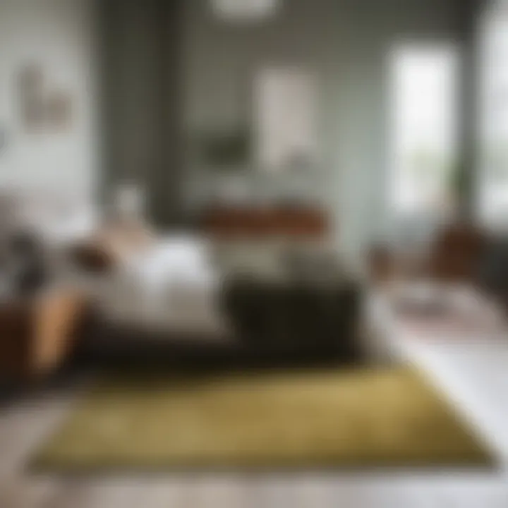 Olive rug complementing a minimalist bedroom