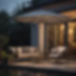 A stylish grey umbrella illuminated at night, enhancing outdoor ambiance