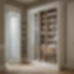 Elegant linen closet featuring glass doors