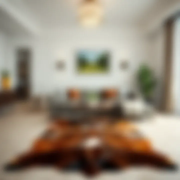 Living room featuring a stylish large animal hide rug
