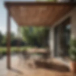 Elegant patio cover made of wooden slats providing shade
