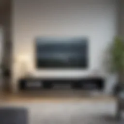Modern living room featuring a sleek two shelf glass TV stand