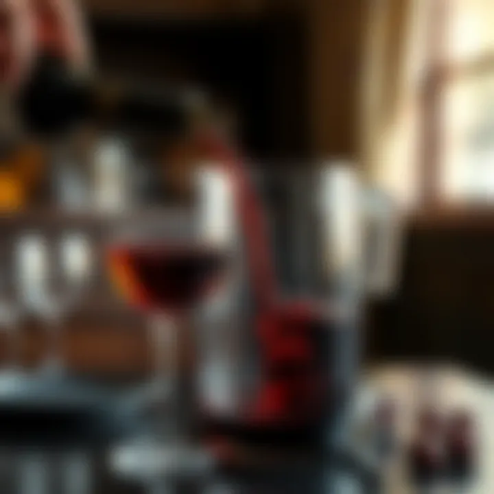 Close-up of wine pouring from a pitcher with lid
