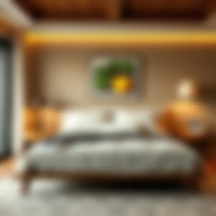 A stylish bedroom setup highlighting a bed with visible slat support