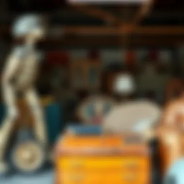 A well-organized garage sale featuring used furniture