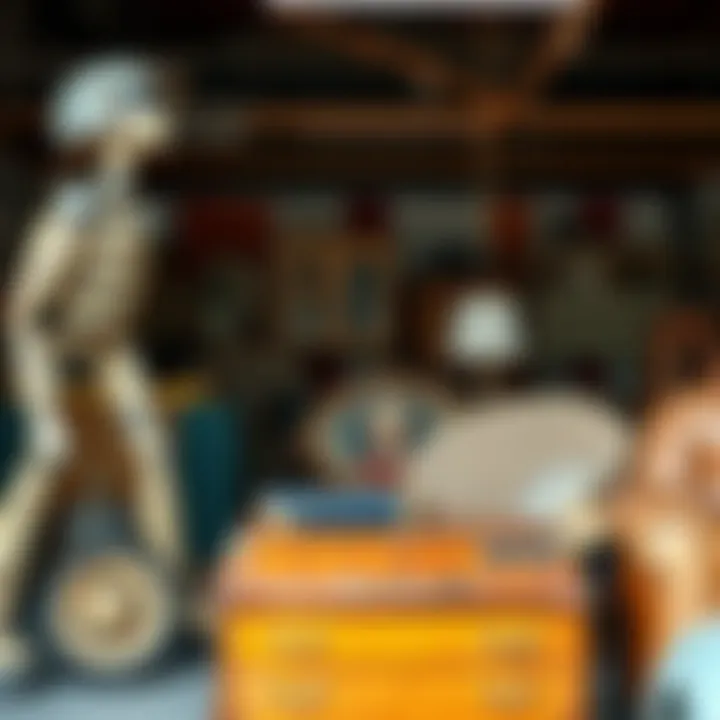 A well-organized garage sale featuring used furniture